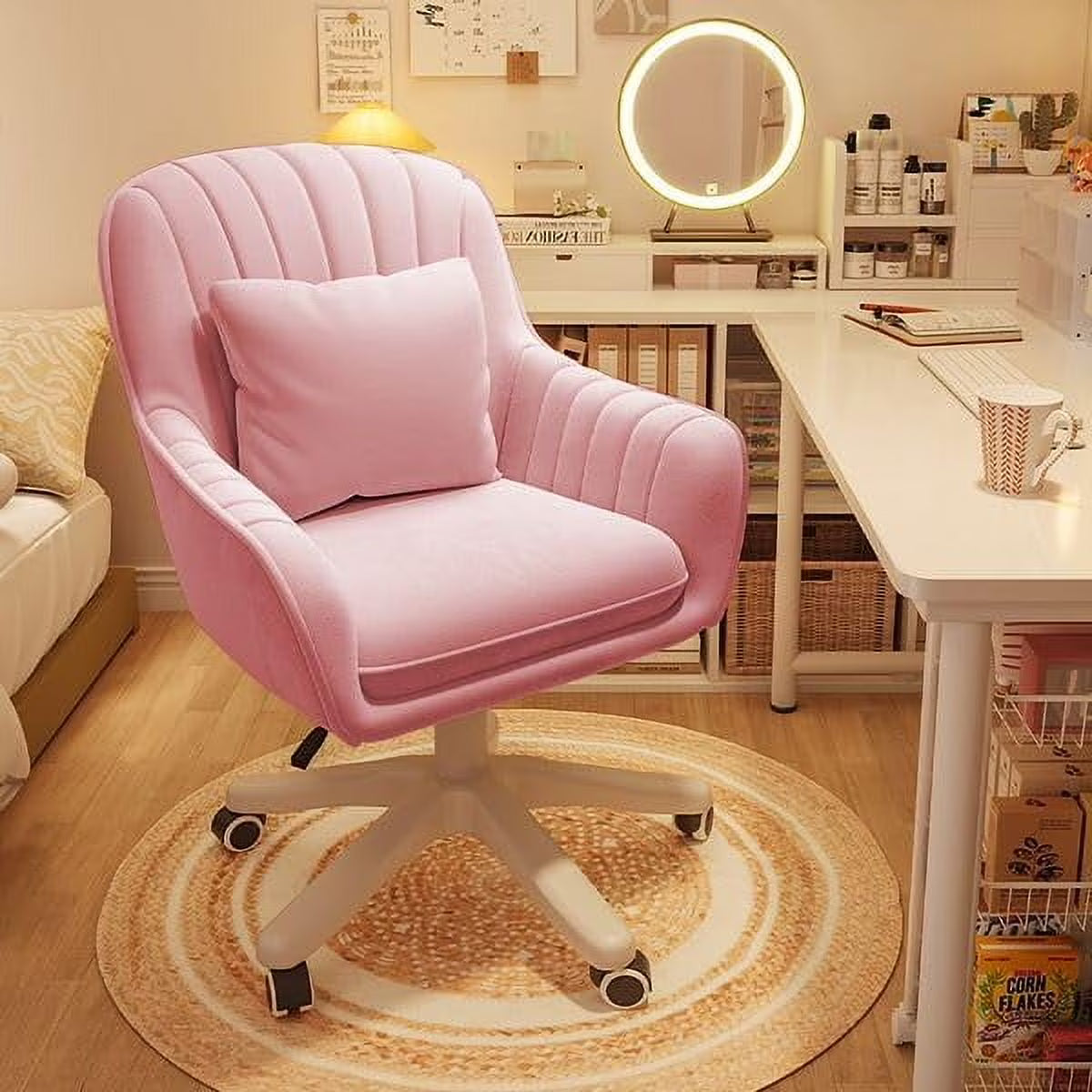 Home Office Chair Computer Chair with Mid - Back Upholstered Modern Tufted Computer Task Chair Swivel Height Adjustable Velvet Accent Chair.white