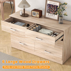 Winkalon 6 Drawer Oak Double Dresser, Wood Storage Cabinet with Easy Pull Out Handles for Living Room, Chest of Drawers for Bedroom