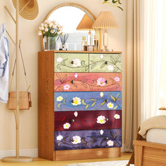 Ktaxon Wood 6 - Drawer Dresser Organizer for Bedroom Storage Tower for Entryway Hallway Closet, Tall Chest Organizer Unit with Wood Bins, Floral Painted Wooden