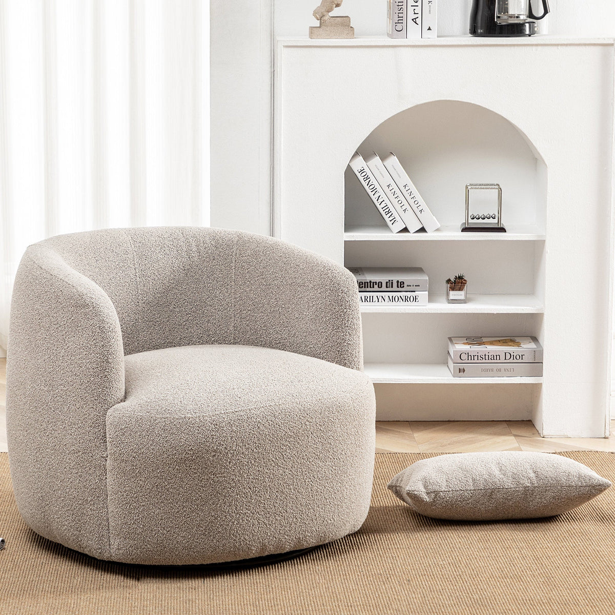 34" Wide Boucle Swivel Barrel Chair, No Assembly Round Upholstered Armchair Accent Chair Single Sofa Chair with Toss Pillow for Living Room and Bedroom, Taupe