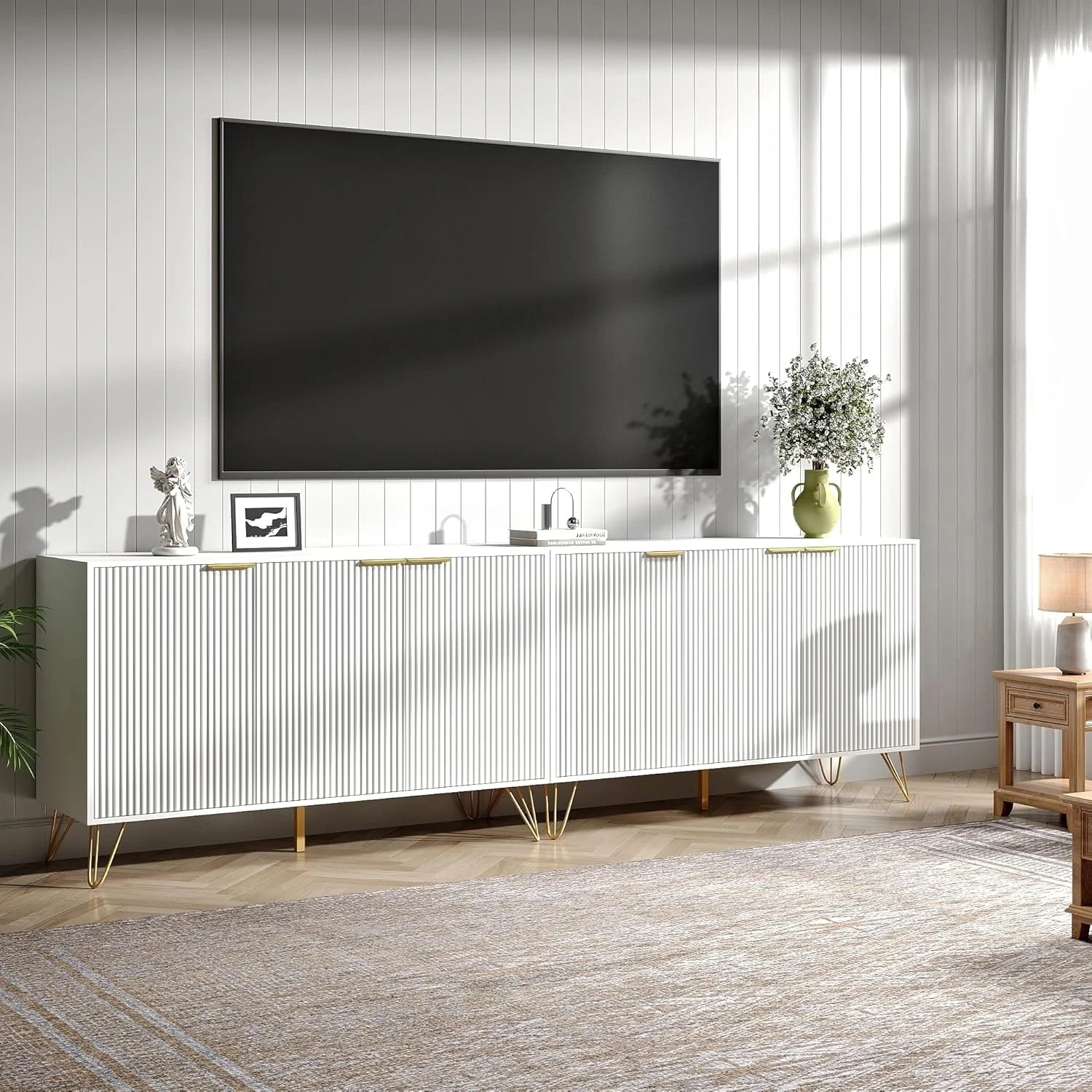 Fluted TV Stand for 100 in TV, Modern TV Stand Console, White Entertainment Center with Storage Cabinets, Adjustable Shelves & Gold Handles, Wood Media Cabinet for Living Room