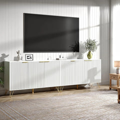 Fluted TV Stand for 100 in TV, Modern TV Stand Console, White Entertainment Center with Storage Cabinets, Adjustable Shelves & Gold Handles, Wood Media Cabinet for Living Room