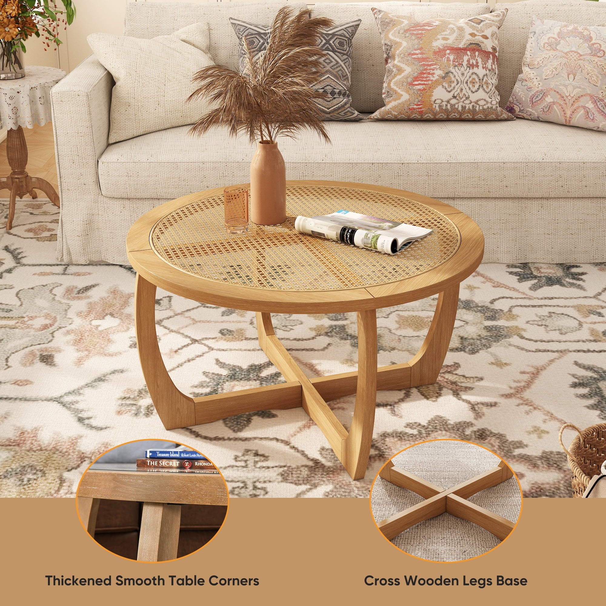 Round Wood Coffee Table with Glass Rattan Top, Wooden Circle Center Table with Curved Legs & Removeable Tempered Glasstop, Cocktail Table for Living Room, Light Brown 32.28" x 18.15"