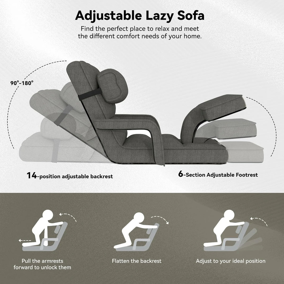 AECOJOY Floor Chair, Padded Folding Gaming Chair with 14-Level Adjustable Backrest, Portable Lazy Sofa
