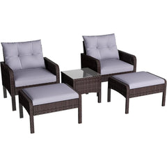 AECOJOY Outdoor 5 Pieces Patio Furniture Set, PE Rattan Wicker Chairs with Ottoman and Table, Brown/Grey
