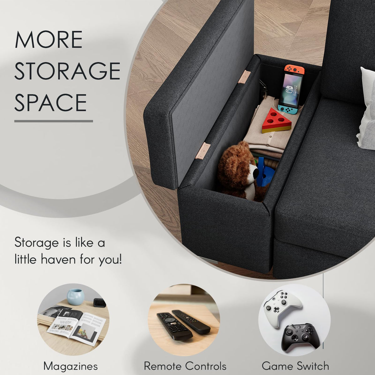 AECOJOY 87" Sectional Couch with Ottoman, Convertible Corner Couches with Armrest Storage, Black