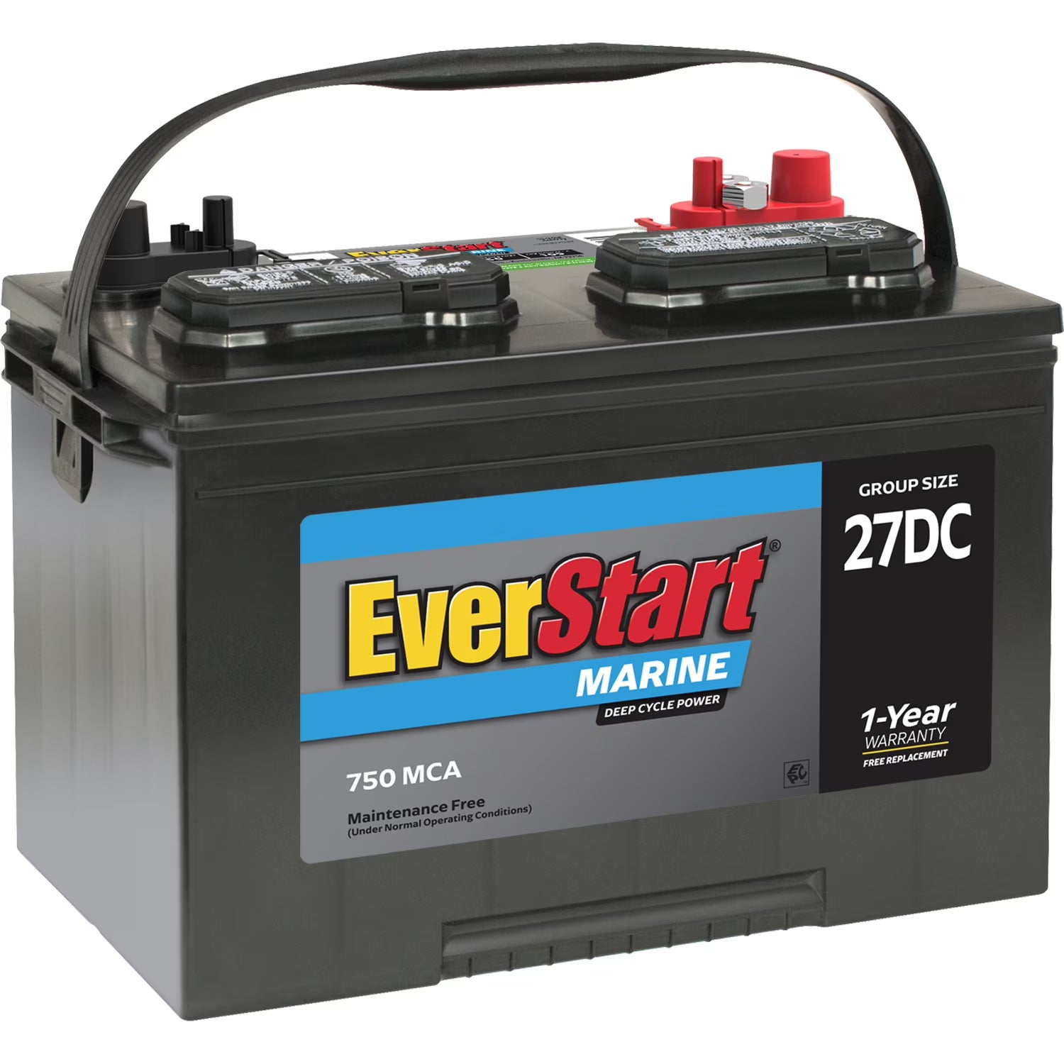 Everstart Lead Acid Marine & RV Deep Cycle Battery, Group Size 27DC 12 Volt, 750 Mca*