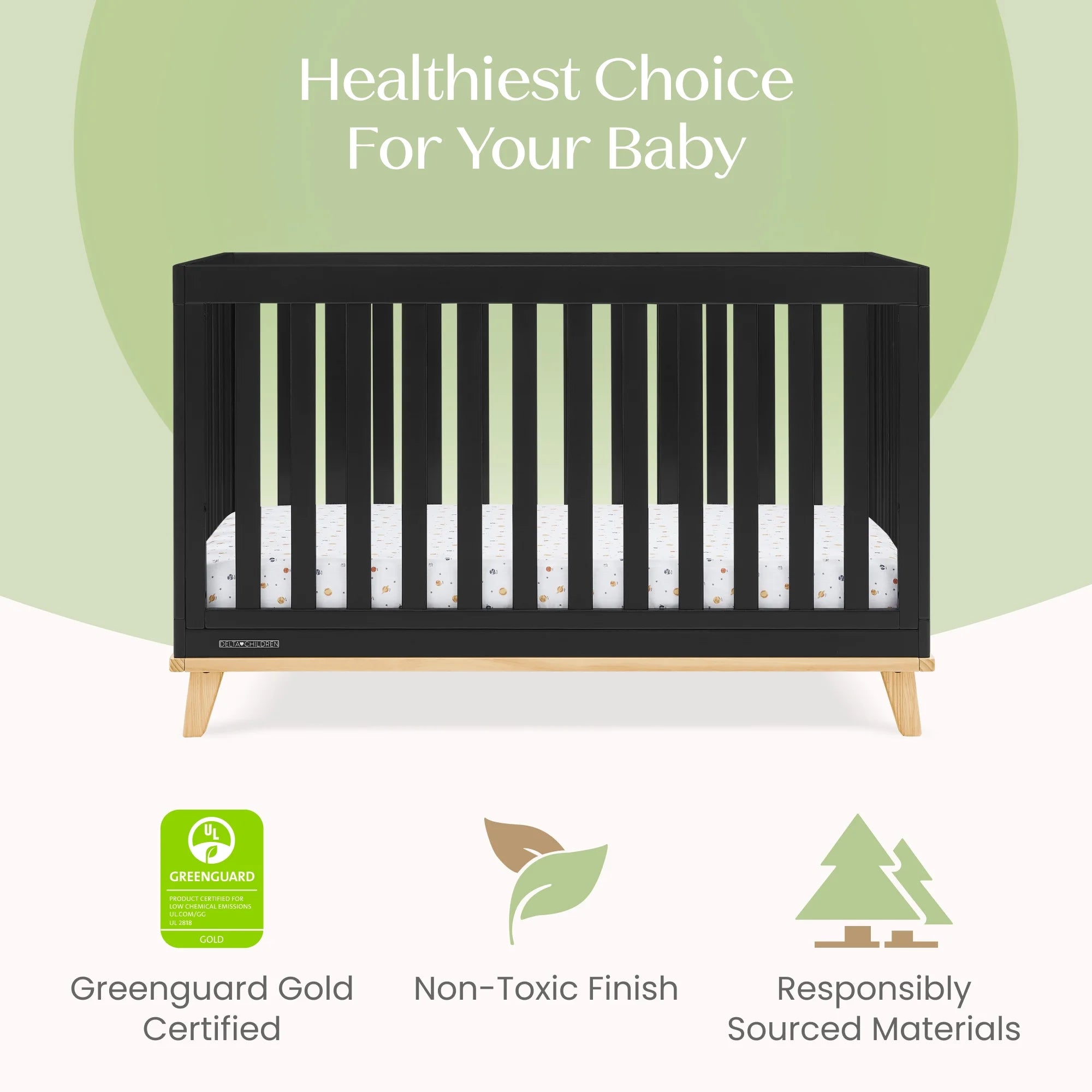Delta Children Frankie 4 - in - 1 Convertible Crib - Greenguard Gold Certified, Black with Natural