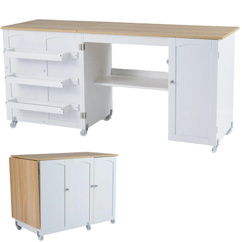 62.5" Folding Sewing Table Rolling Craft Station with Storage Cabinet & Shelves, Foldable Sewing Machine Desk w/ Lockable Wheels for Home