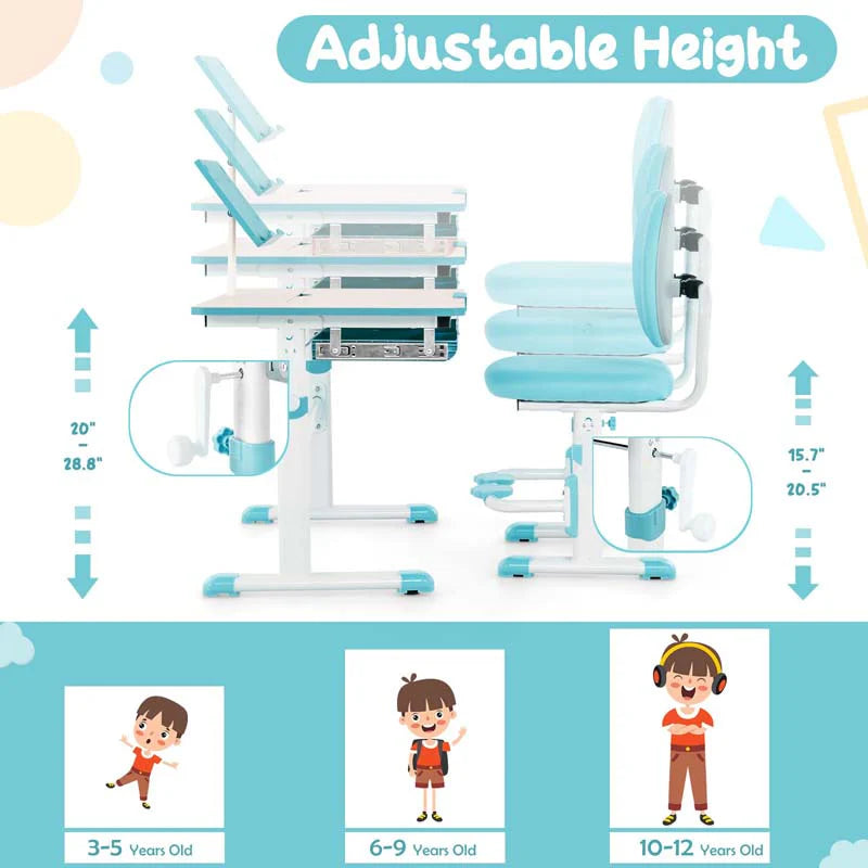 Height-Adjustable Kids Study Desk Chair Set, Tiltable Student Writing Table & Chair Set with Book Stand, Footrest