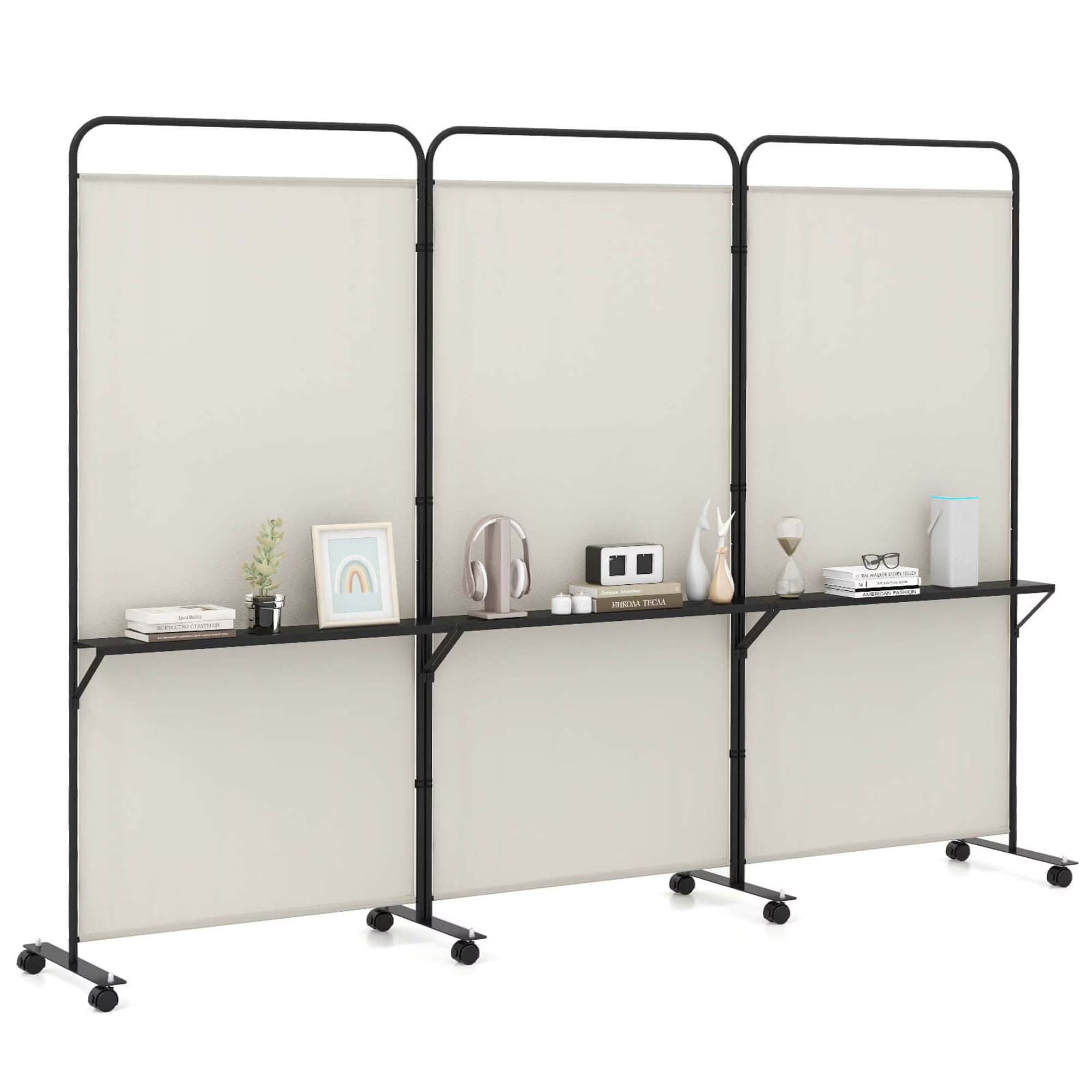 Costway 3 - Panel Room Divider with Storage Shelves 6FT Tall Folding Privacy Screen on Wheels Black