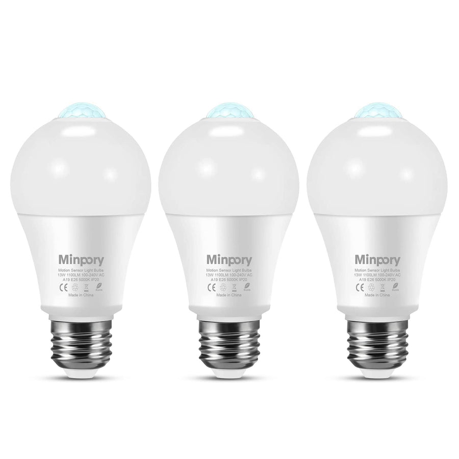 Minpory Motion Sensor Light Bulbs, 13W(100W Equivalent) Motion Detector Auto Activated Dusk to Dawn Security LED Bulb, A19 E26 5000K Daylight Outdoor/Indoor