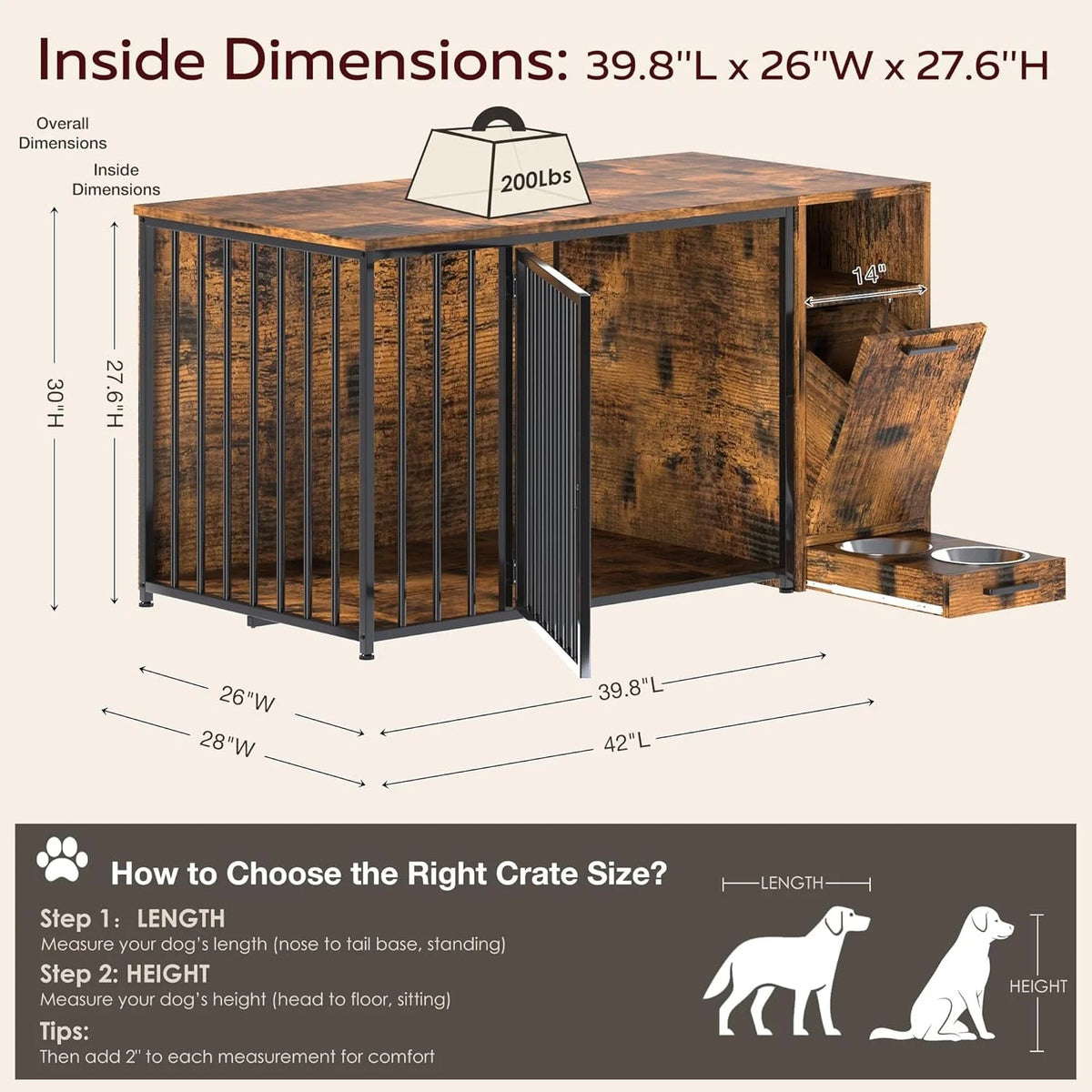 AECOJOY Dog Crate Furniture with Storage Cabinet, 42 Inch Wooden & Steel Decorative Indoor Kennel, Pet Cage End Table