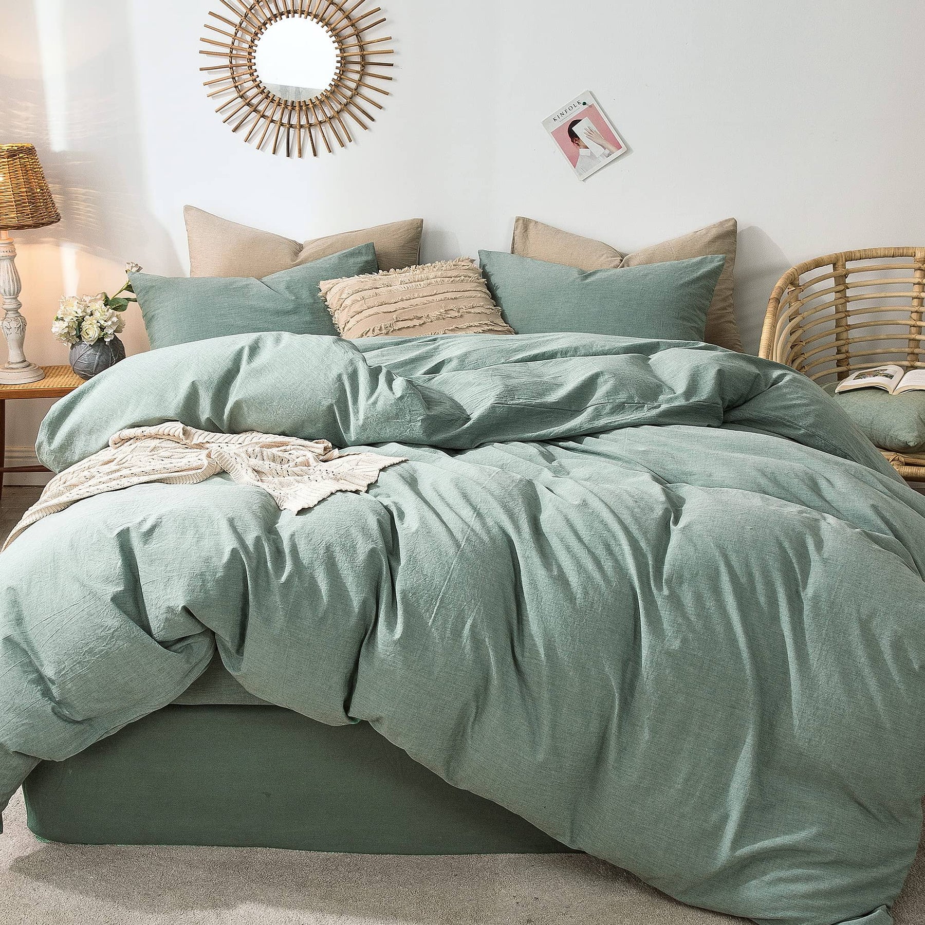 MooMee Bedding Duvet Cover Set 100% Washed Cotton Linen Like Textured Breathable Durable Soft Comfy (Green King)