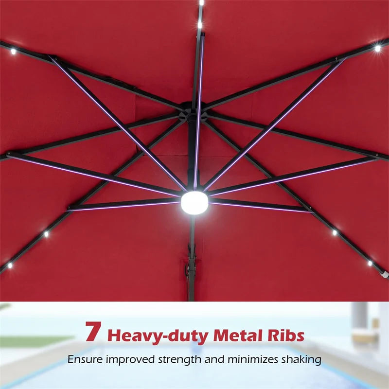 10 FT Cantilever Patio Umbrella with 32 Solar LED Lights, 360° Rotation & Easy Tilt, Square Outdoor Offset Hanging Umbrella with Cross Base