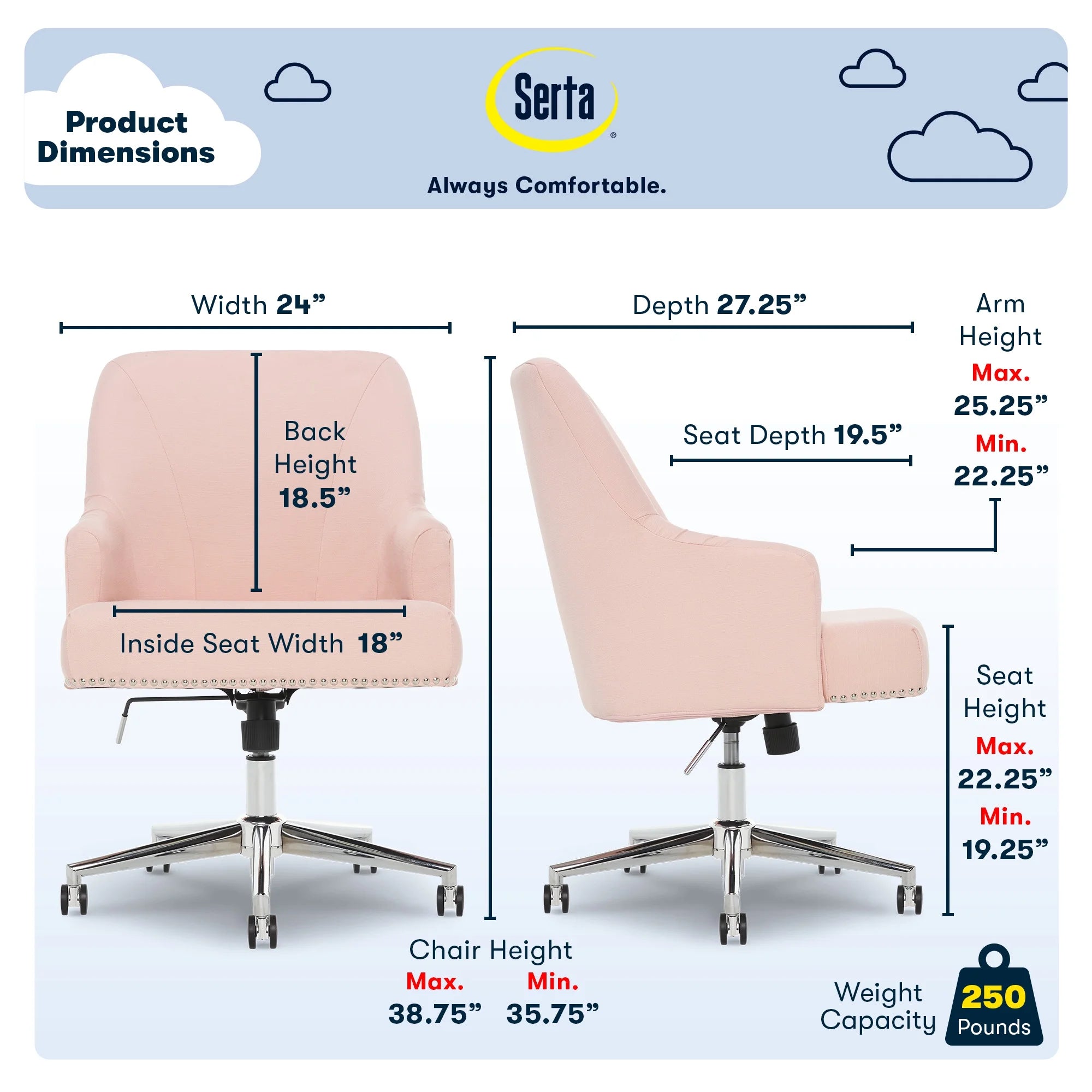 Serta Leighton Home Office Desk Chair Chrome Nailheads Twill Fabric Lilac Purple