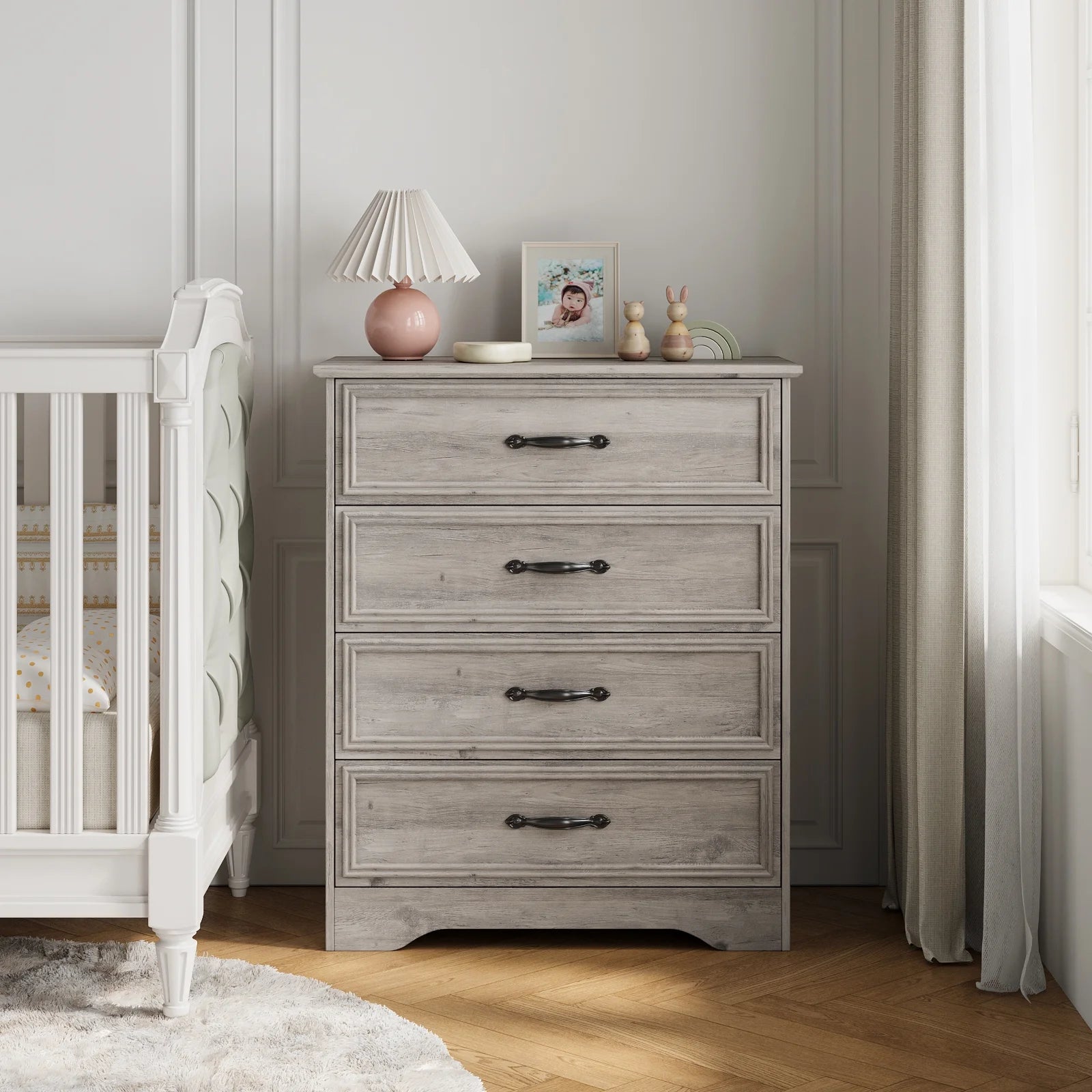 Holliwill 4 Drawer Dressers for Bedroom, Modern Wood Chest of Drawers Storage Cabinet for Living Room, Hallway, Gray