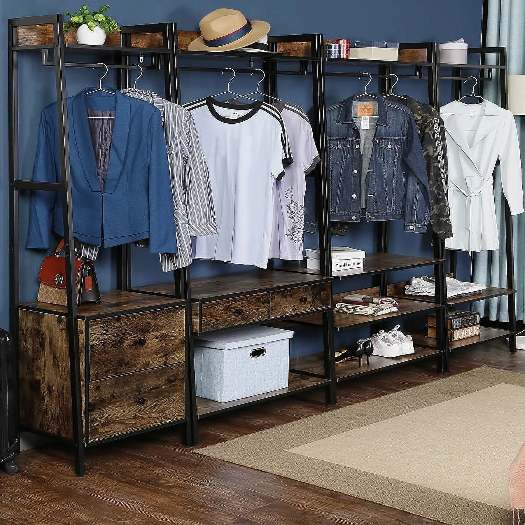 JJS 33" Entryway Coat Rack, Industrial Rustic Hall Tree Shoe Bench with Storage Drawers and Shelf for Hallway, Wood Look Accent Furniture with Metal Frame, Rustic Brown