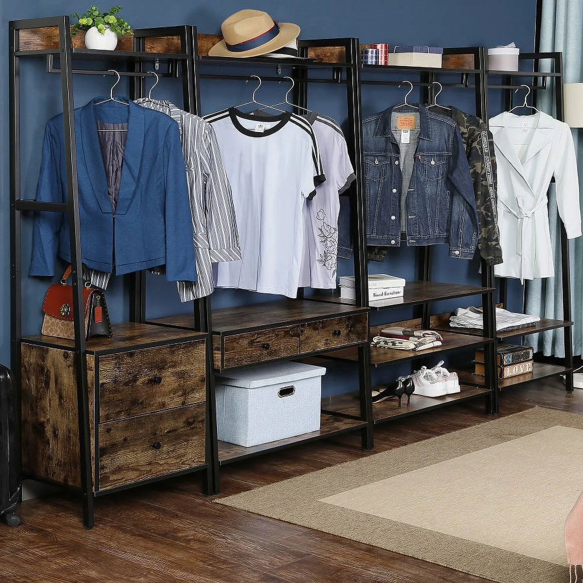 JJS 33" Entryway Coat Rack, Industrial Rustic Hall Tree Shoe Bench with Storage Drawers and Shelf for Hallway, Wood Look Accent Furniture with Metal Frame, Rustic Brown