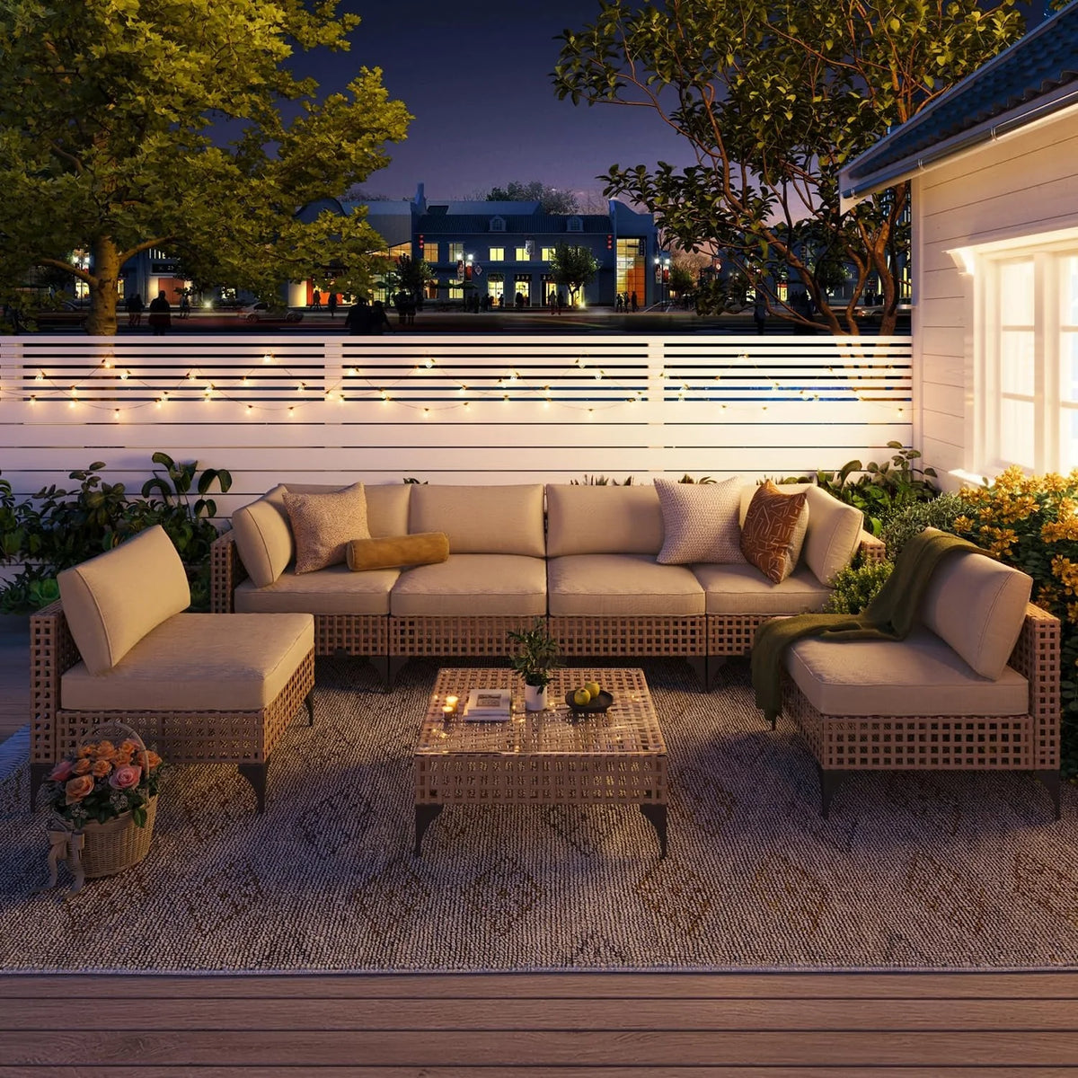 AECOJOY 7-Piece Patio Outdoor Furniture Set, Boho Outdoor Sectional Set, Light Brown&Beige