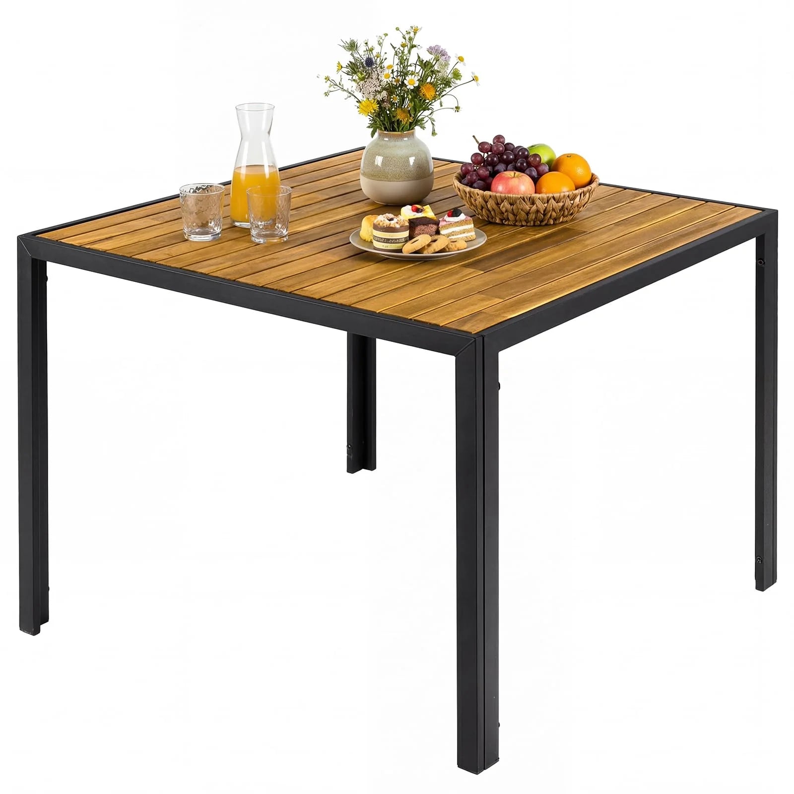 Tangkula 36" Square Acacia Wood Patio Dining Table 1.97" Umbrella Hole and Heavy Duty Metal Frame