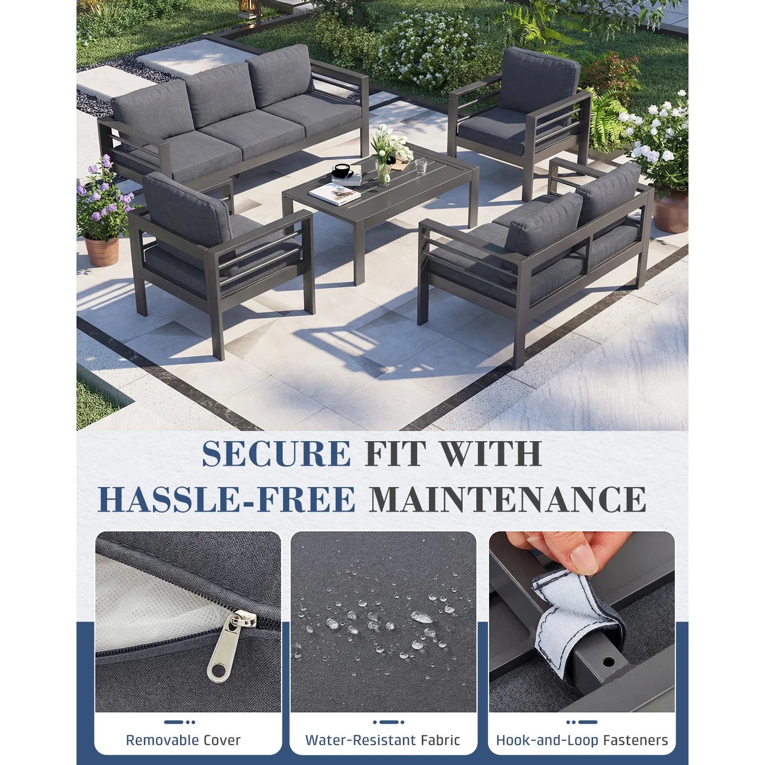 AECOJOY Aluminum Patio Furniture Set, 5 Pieces Outdoor Sectional Sofa Set, Dark Gray