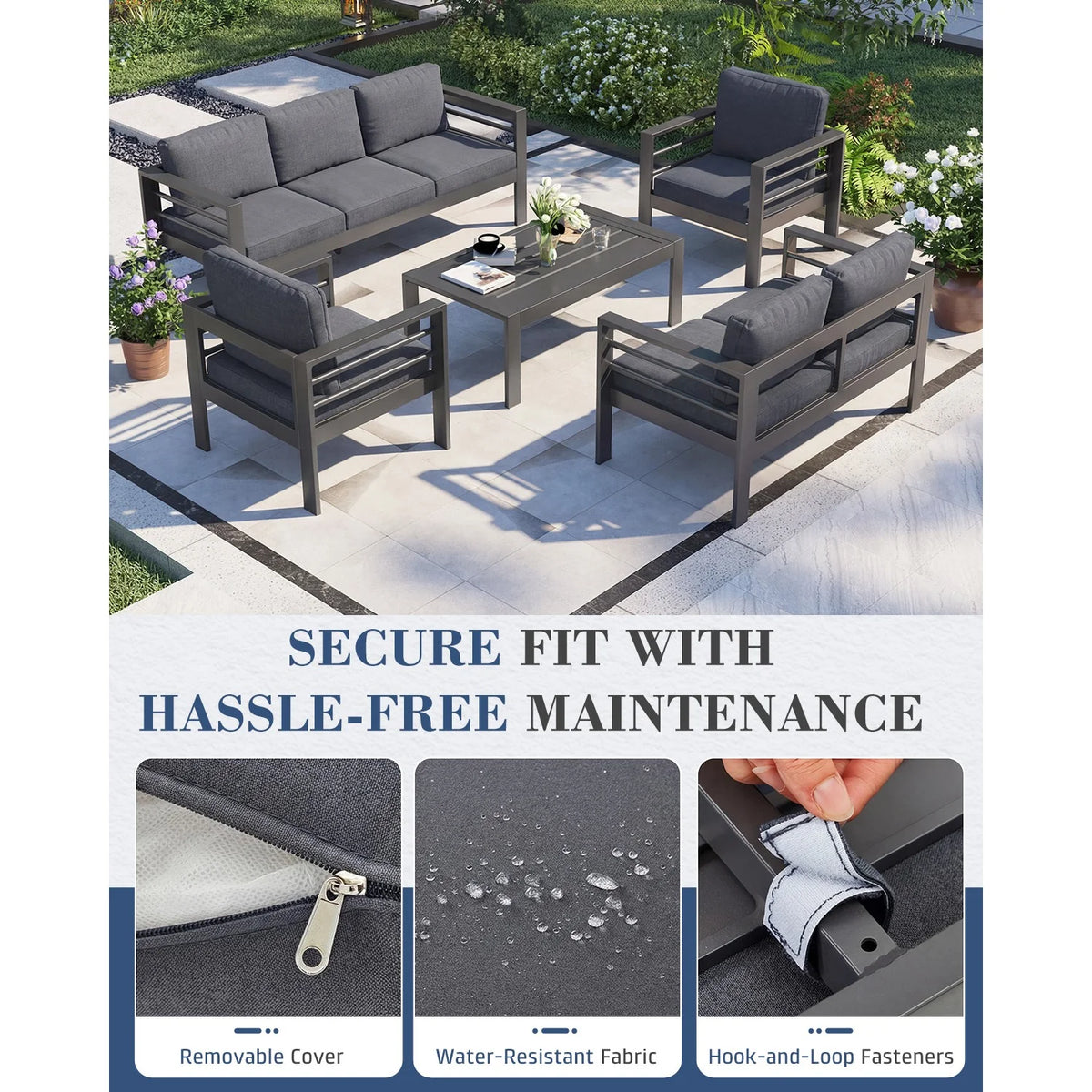 AECOJOY Aluminum Patio Furniture Set, 5 Pieces Outdoor Sectional Sofa Set, Dark Gray