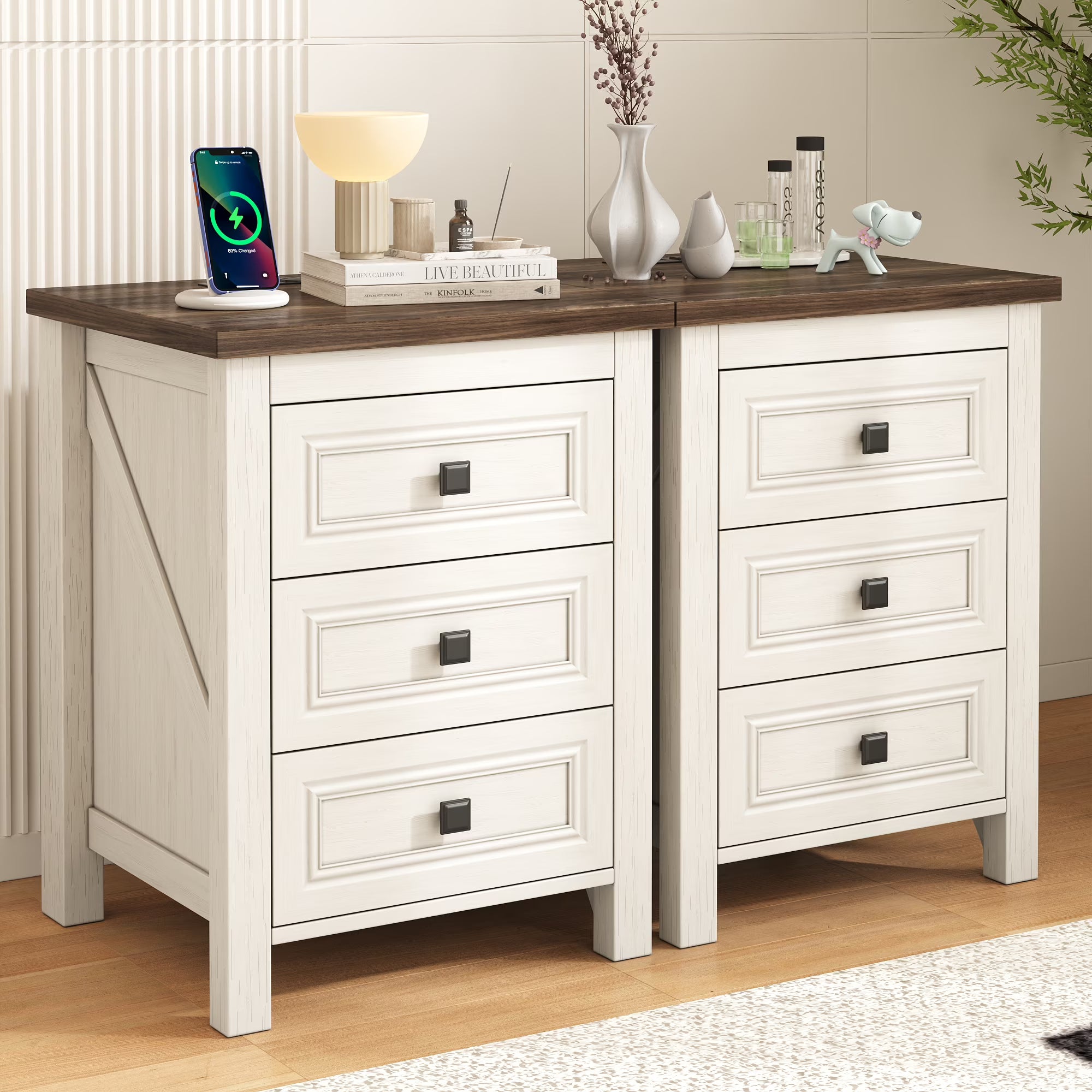 IDEALSOUL Nightstand, Bedside Table with Charging Station, Farmhouse 3 Drawer Nightstand Rustic Night Stand End Tables for Bedroom Living Room, Gray