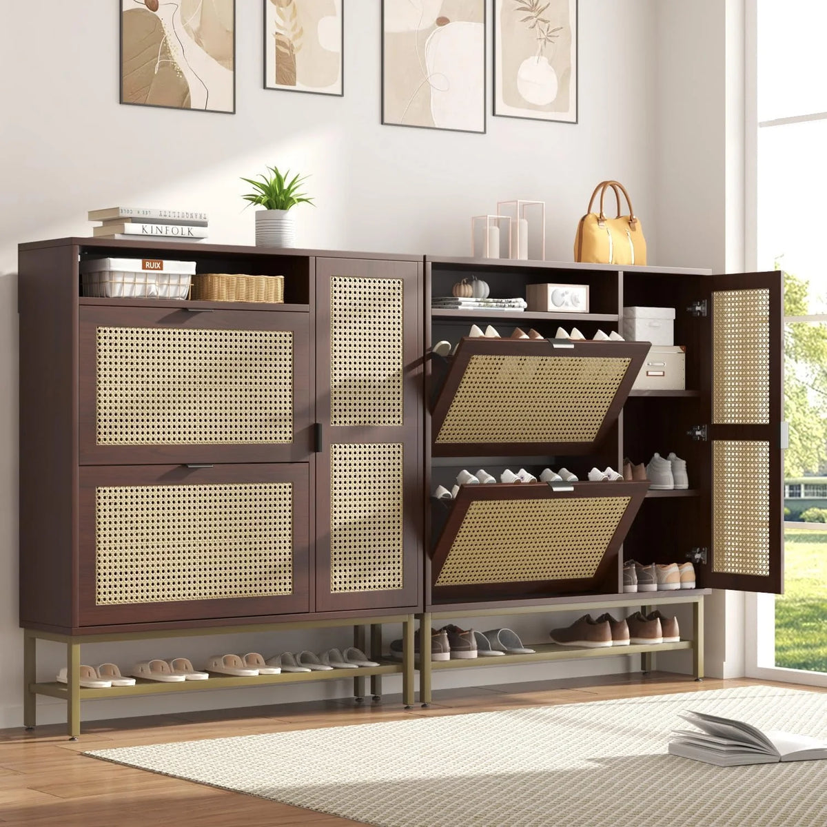 AECOJOY Rattan Shoe Cabinet with 3 Flip Drawers, Free Standing Shoe Storage Organizer with Adjustable Shelves, Fits 13 Shoes