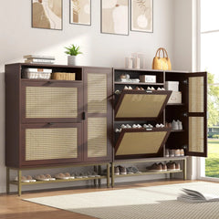 AECOJOY Rattan Shoe Cabinet with 3 Flip Drawers, Free Standing Shoe Storage Organizer with Adjustable Shelves, Fits 13 Shoes