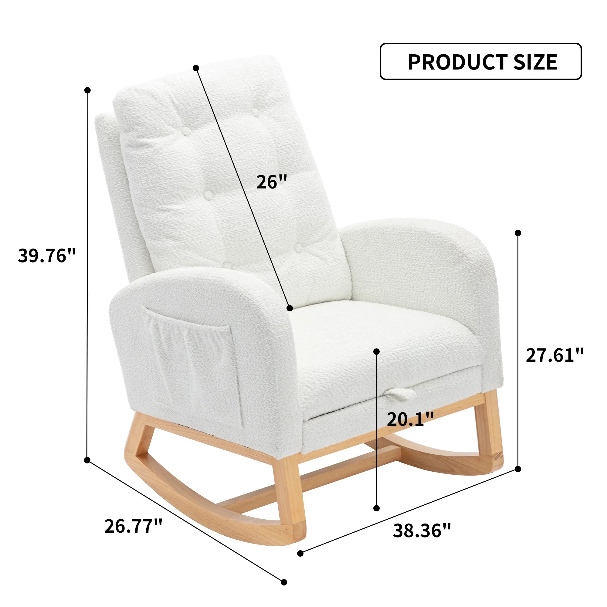 Modern Accent Rocking Chair with Pull - Out Footrest, Nursery Glider Chair with Solid Wood Legs & Side Pocket, Upholstered Lounge Chair with High Backrest, White