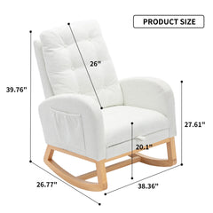 Modern Accent Rocking Chair with Pull - Out Footrest, Nursery Glider Chair with Solid Wood Legs & Side Pocket, Upholstered Lounge Chair with High Backrest, White