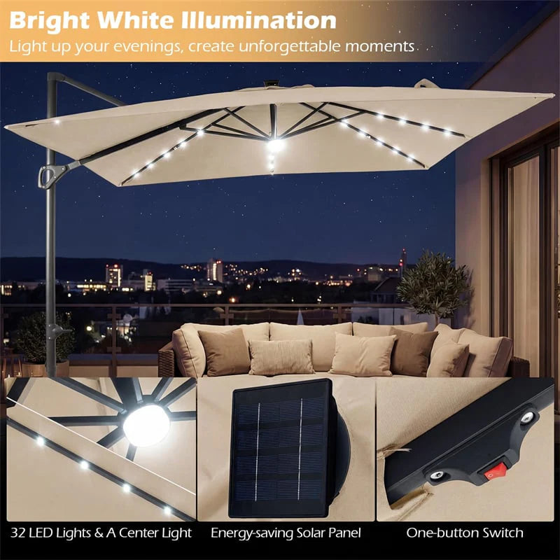 10 FT Cantilever Patio Umbrella with 32 Solar LED Lights, 360° Rotation & Easy Tilt, Square Outdoor Offset Hanging Umbrella with Cross Base