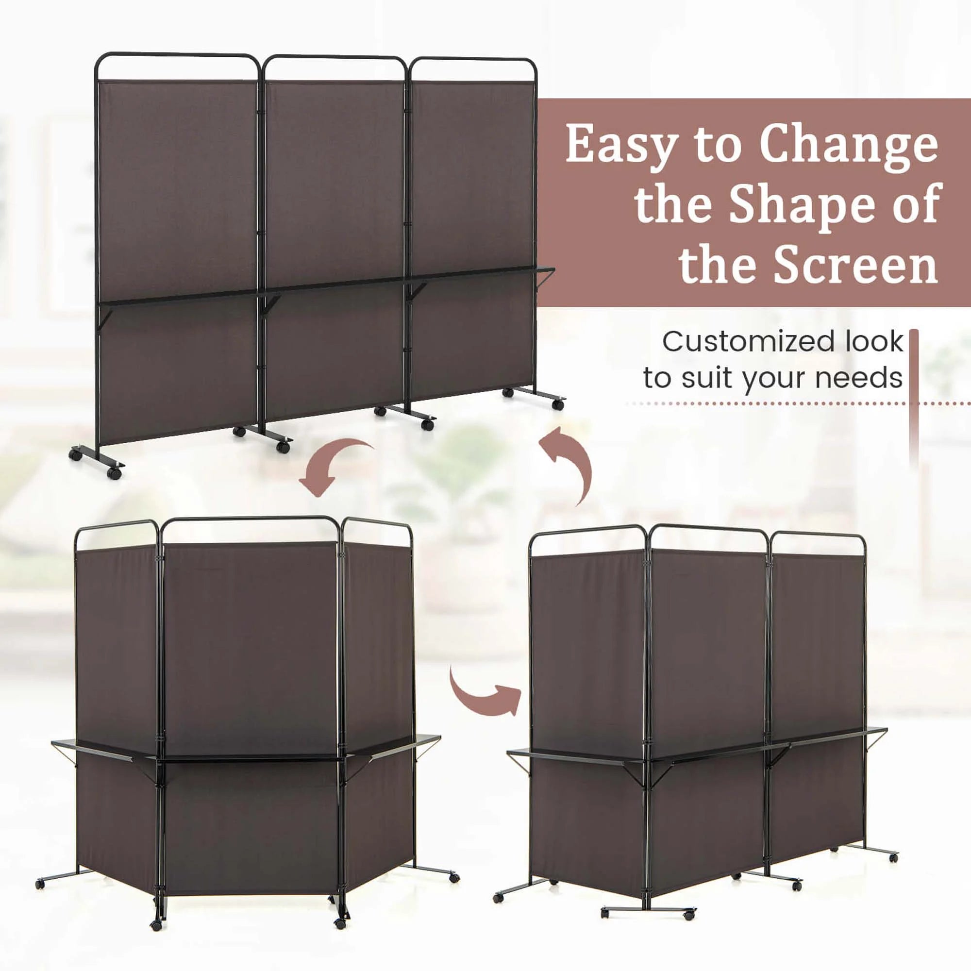 Costway 3 - Panel Room Divider with Storage Shelves 6FT Tall Folding Privacy Screen on Wheels Black
