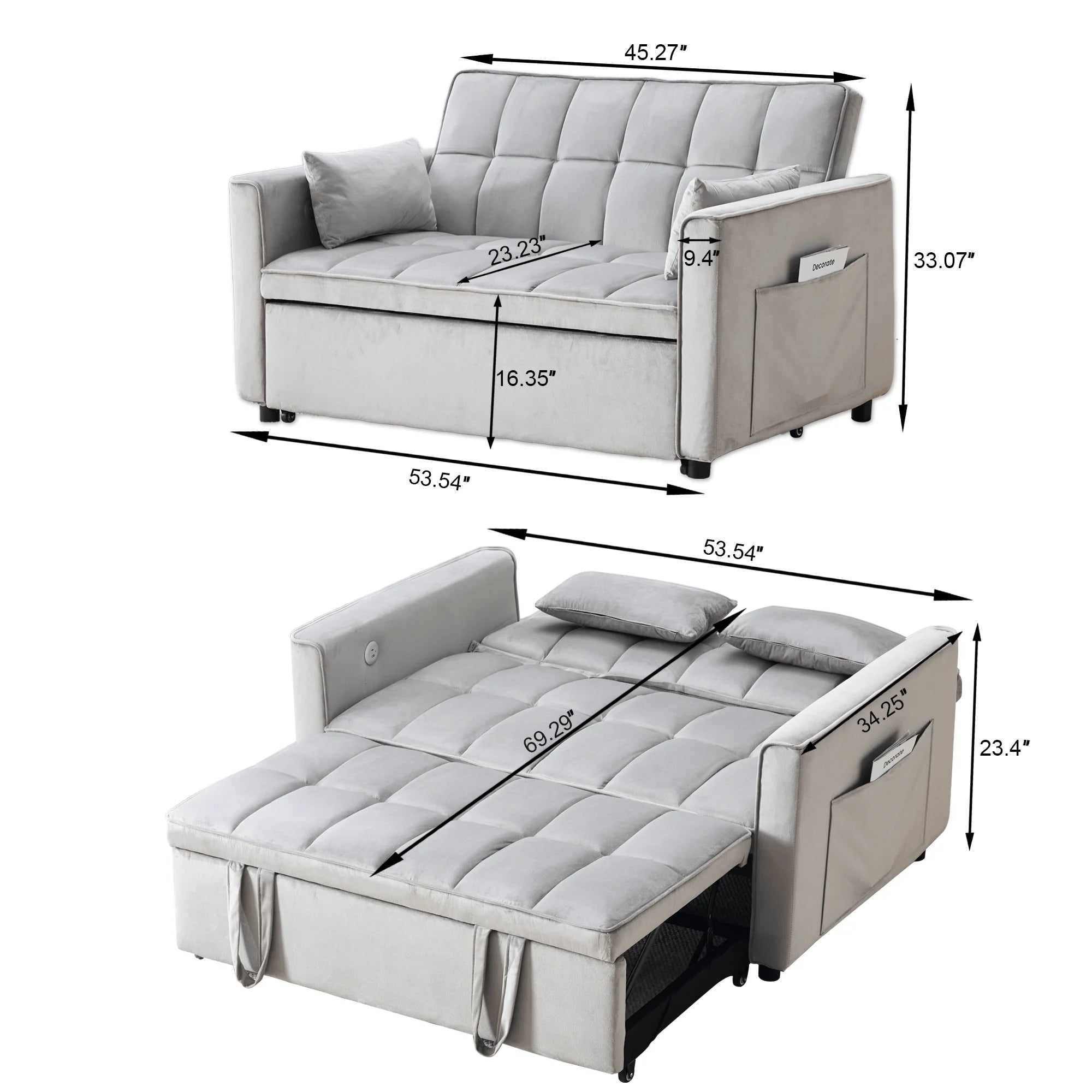 Velvet 3 - in - 1 Convertible Sofa Bed - USB Charging, Adjustable Backrest Pull - Out Couch Loveseat Sleeper for Living Room, Apartment & Small Space, Black