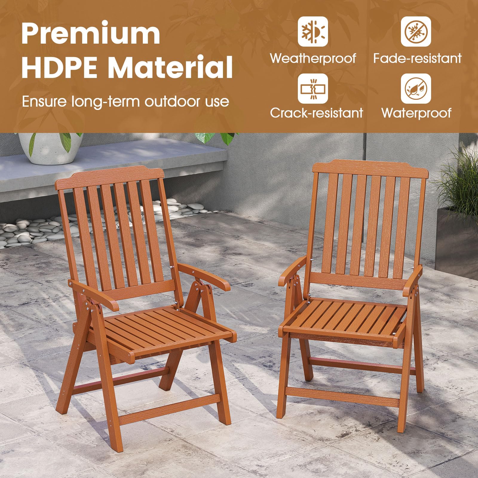 Tangkula Foldable Patio Chair All-Weather HDPE Outdoor Dining Chair with Armrest