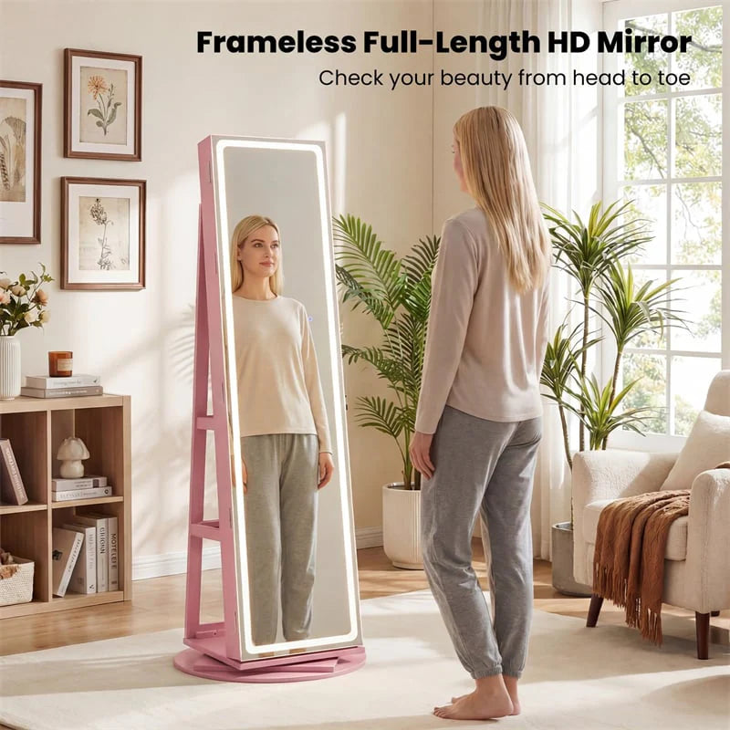 360° Swivel Jewelry Cabinet Armoire w/ Full Length Mirror 3-Color LED Lights & Rear Shelves, Lockable Standing Jewelry Storage Organizer