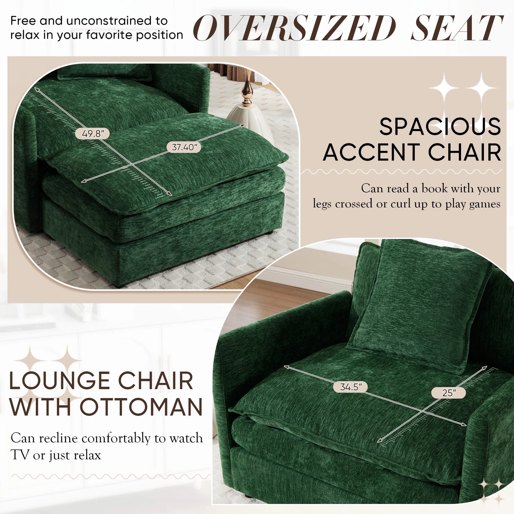 Muumblus Oversized Lounge Chair with Ottoman, Cloud Accent Armchair for Living Room, Beige Chenille