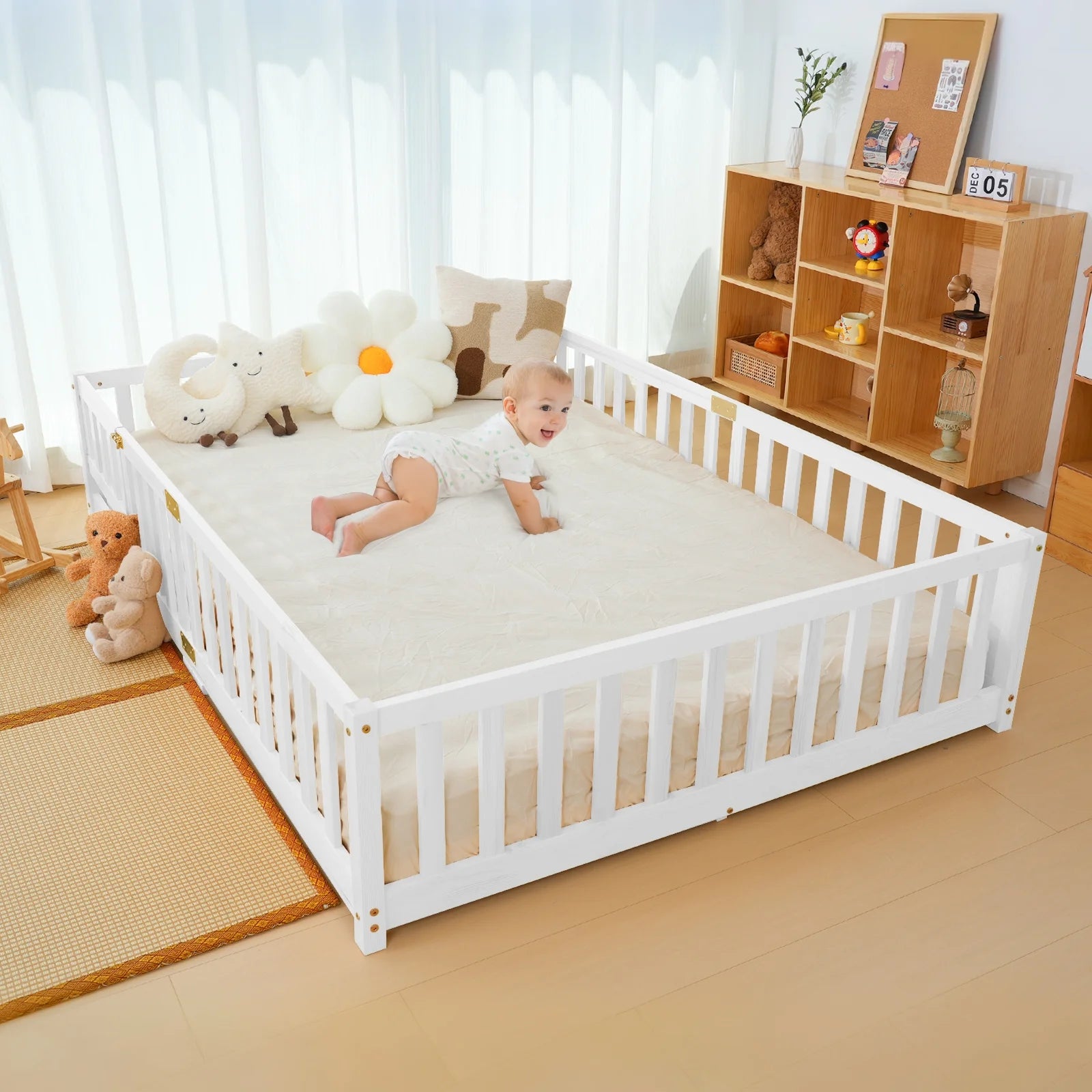 Slsy Twin Size Toddler Floor Bed, Solid Wood Montessori Bed Frame with Fence & Door Montessori Floor Bed Crib with Safety Guardrails for Girls and Boys