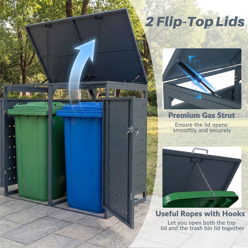Outdoor Metal Garbage Bin Storage Shed for 2 Trash Cans, 44 Cu.Ft Double Trash Can Enclosure w/ Gas Struts & Lockable Doors, Patio Garden Bin Cabinet