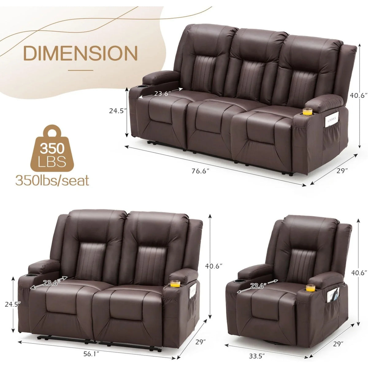 AECOJOY 3 PCS Leather Recliner Sofa Set with Swivel Massage Chair, Brown