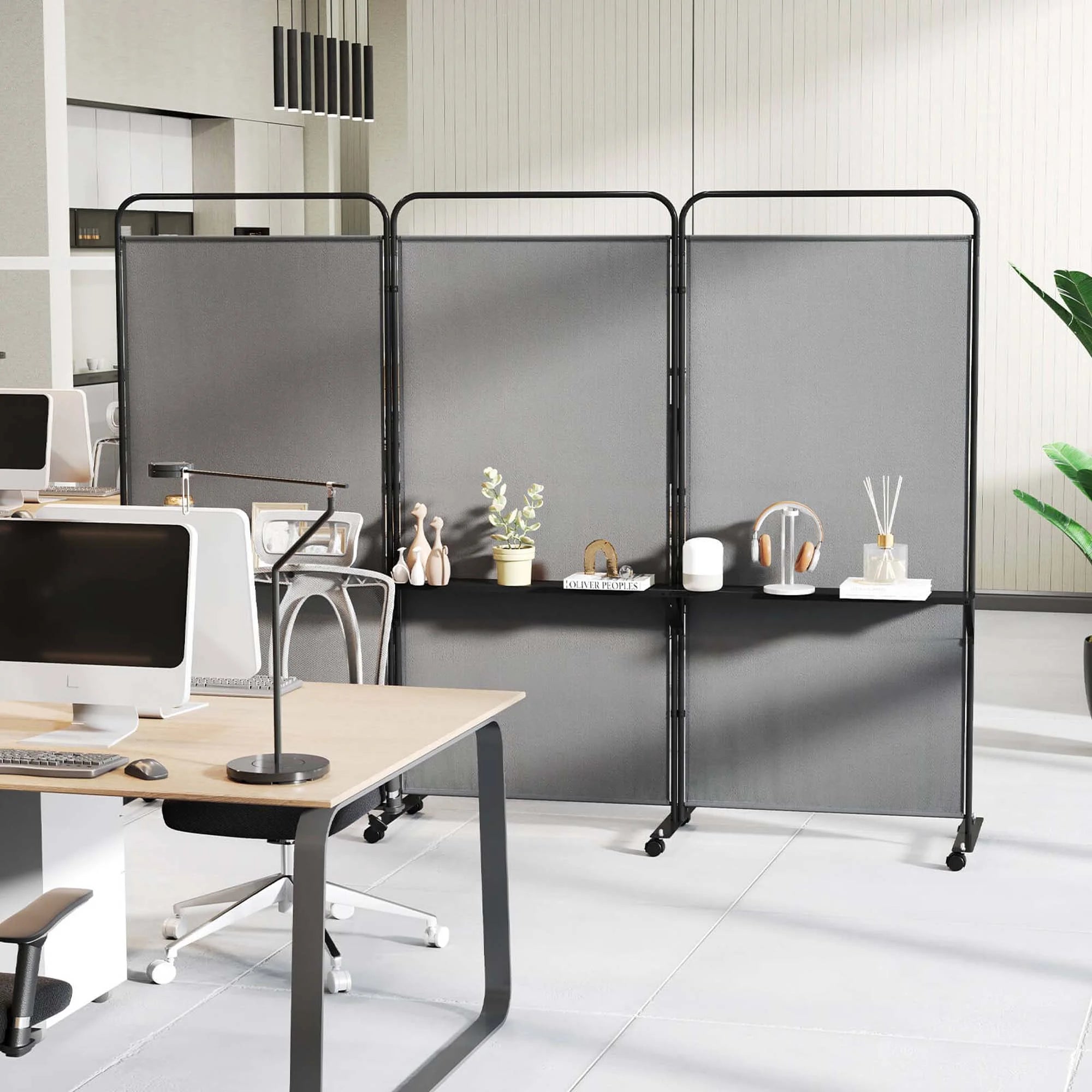 Costway 3 - Panel Room Divider with Storage Shelves 6FT Tall Folding Privacy Screen on Wheels Black