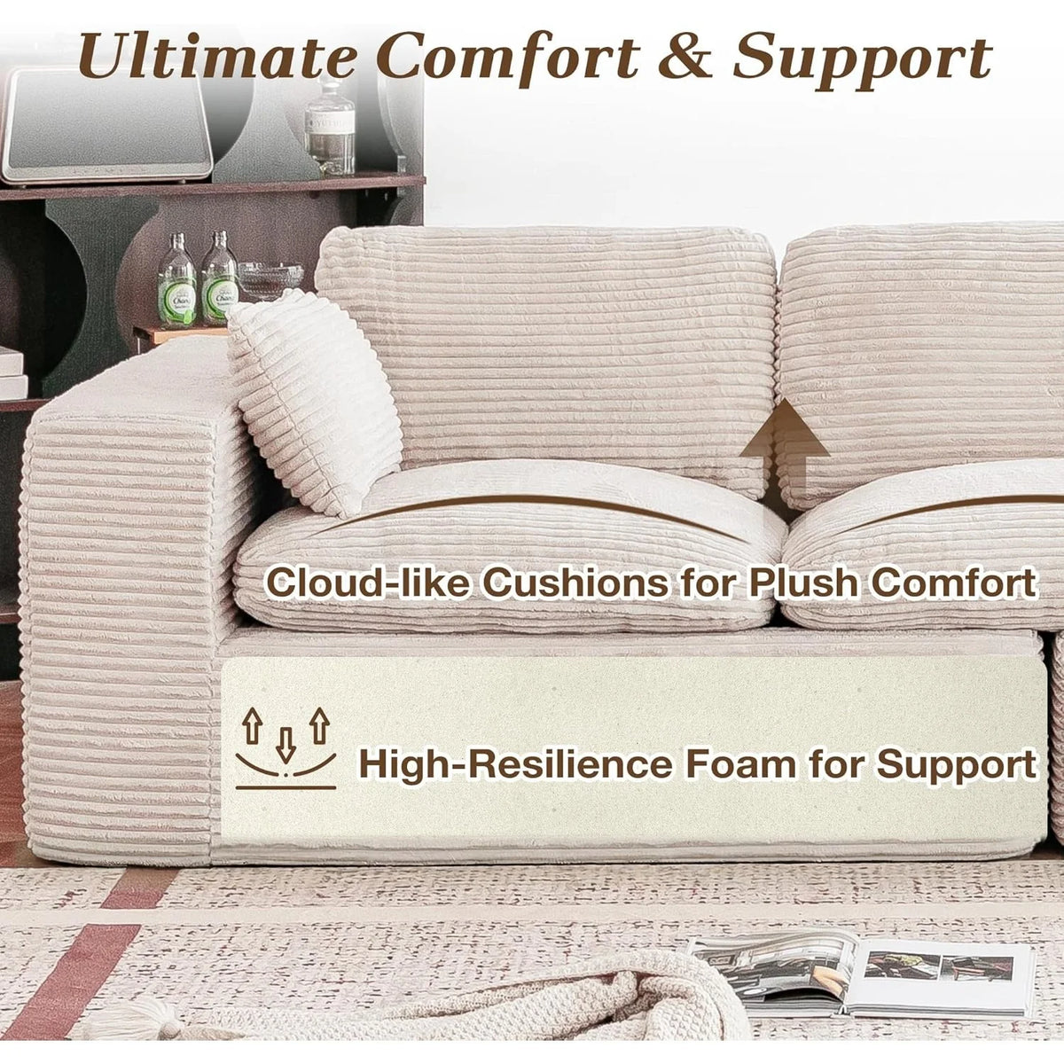 AECOJOY 110" Oversized Sofa for Living Room, 3 Seater Cloud Boneless Couch with Fluffy Seat Cushions