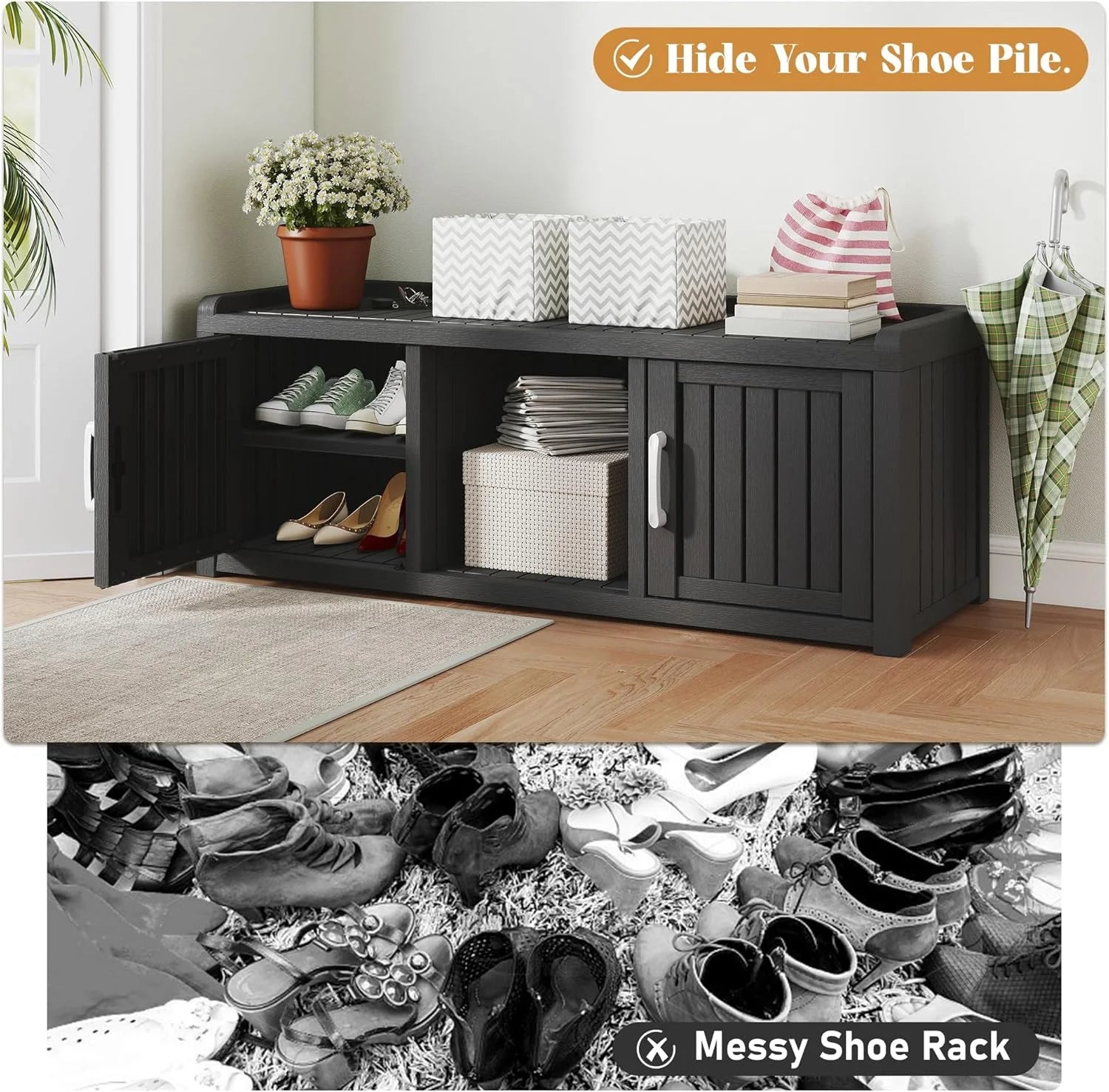 KAMABOKO Outdoor Shoe Storage Cabinet, Waterproof UV - Resistant Entryway Storage Bench Indoor Outdoor with 2 Barn Doors, Adjustable Shelves for Entryway, Bedroom, Hallway, Living Room(Black)