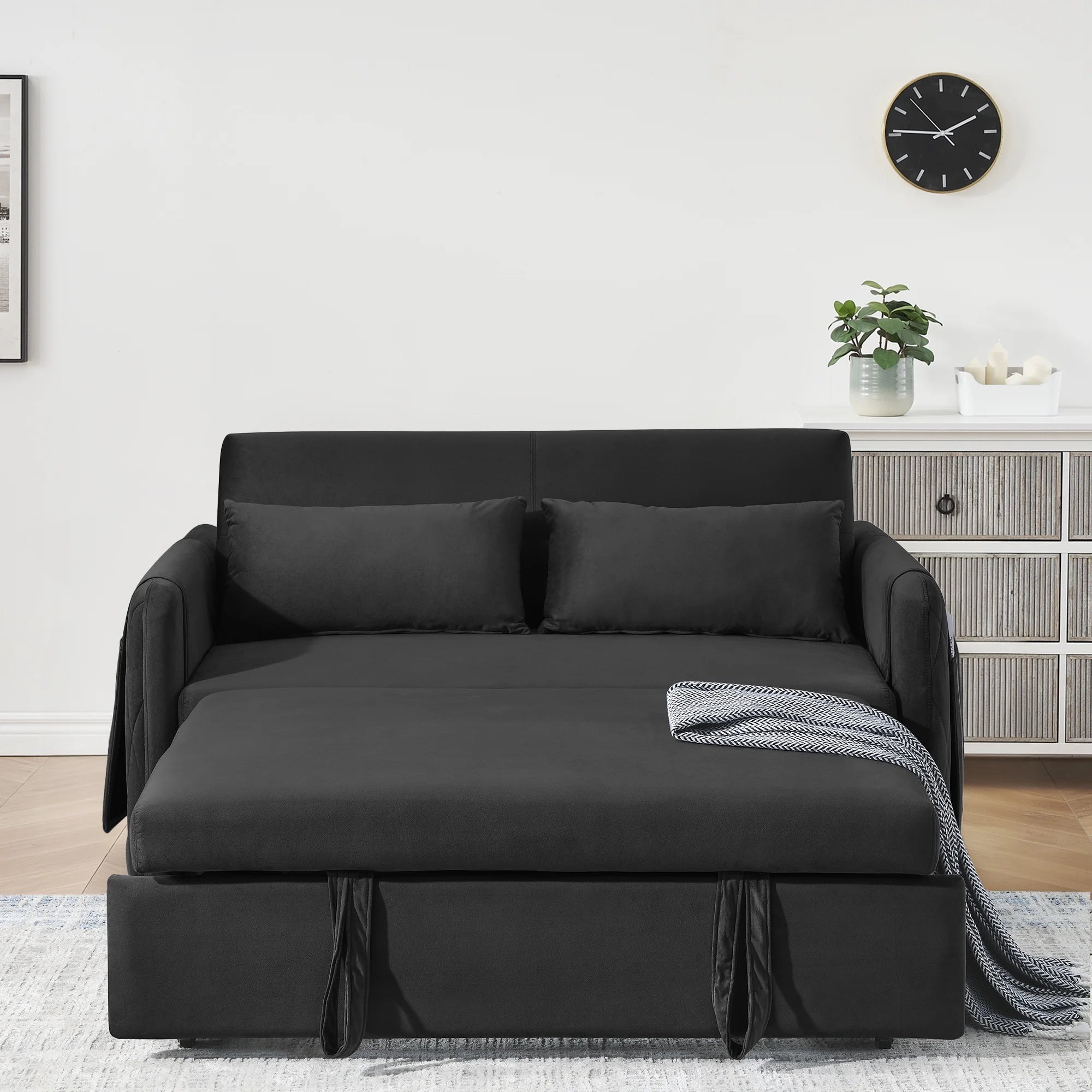 Convertible Sofa Bed, 3 in 1 Sleeper Sofa with 2 Pillows and Adjustable Backrest for Living Room Office, Black