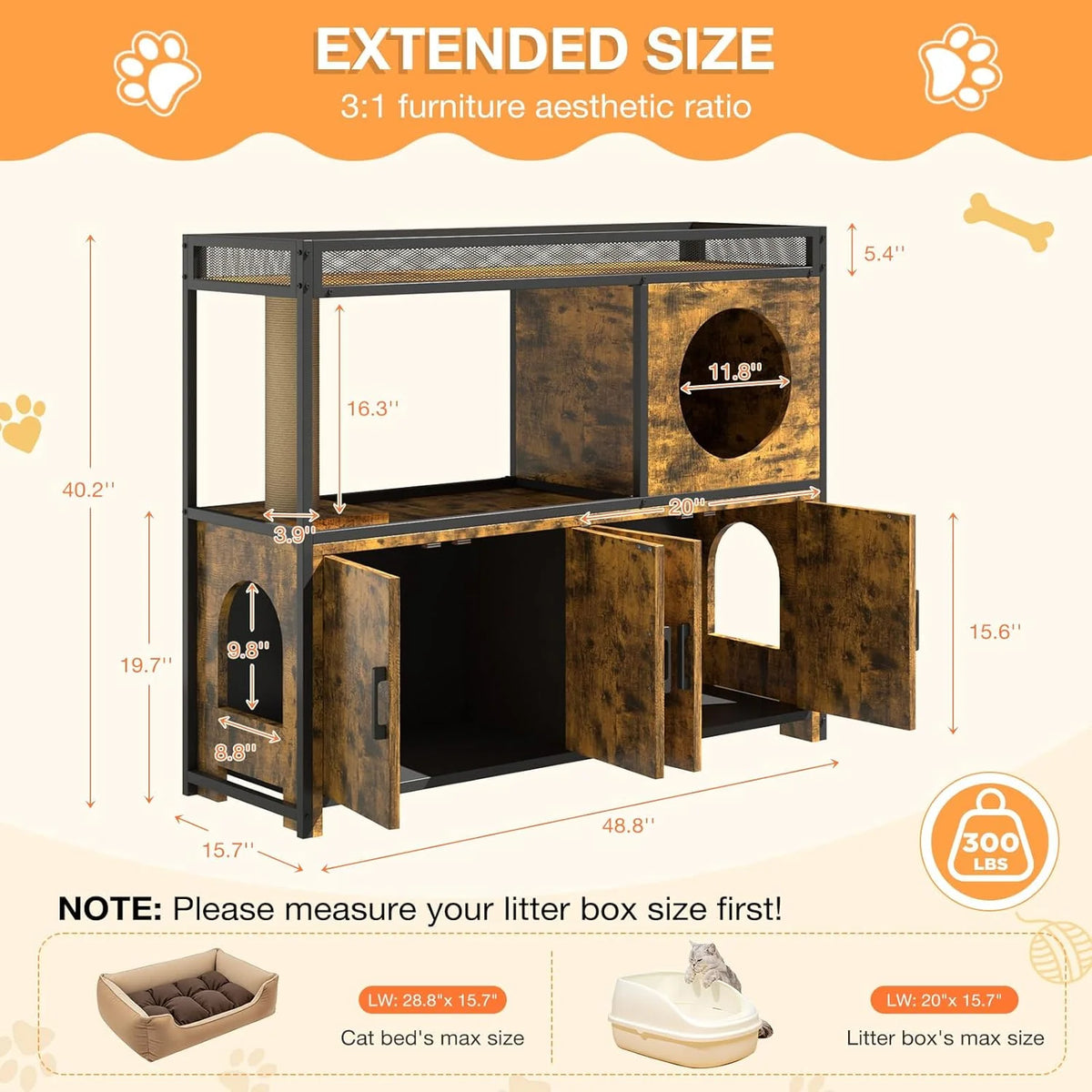 AECOJOY Double Litter Box Enclosure, Wooden Cat Washroom Furniture Hidden with Storage & Doors for 2 Cats