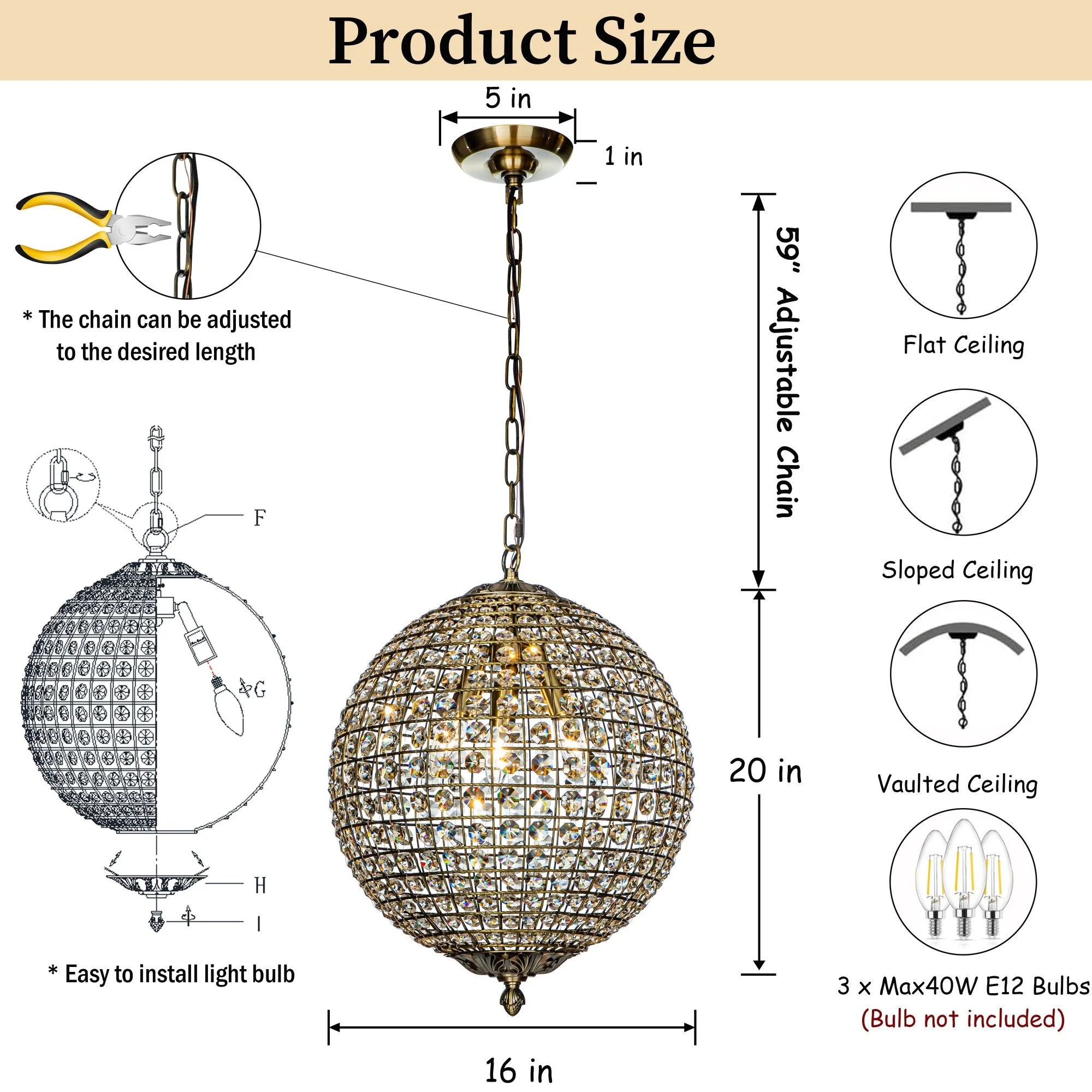 1 - Light 12" Retro Antique Gold Crystal Globe Chandelier Small Sphere Pendant Light