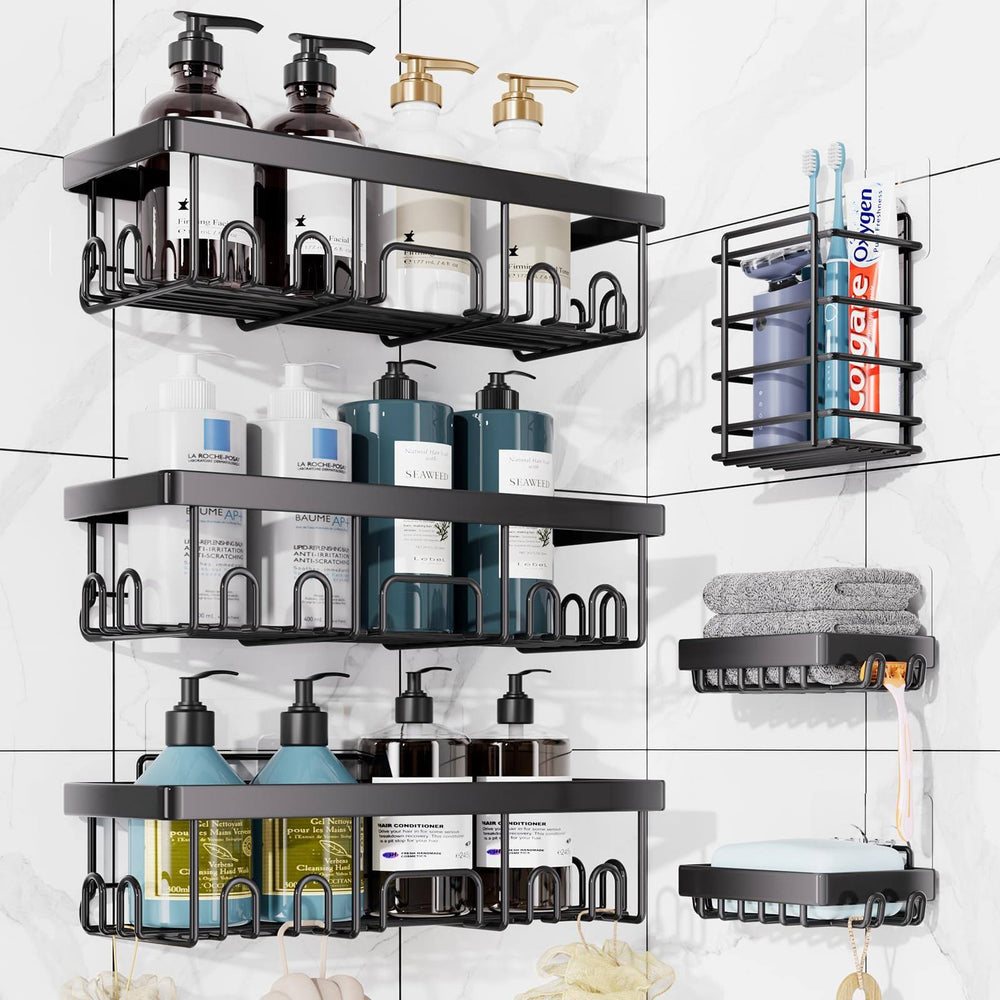 Veken Shower Caddy 6 Pack,Adhesive Bathroom Shower Organizer for Bathroom Storage&Home Decor&Kitchen,No Drilling,Large Capacity, Rustproof St