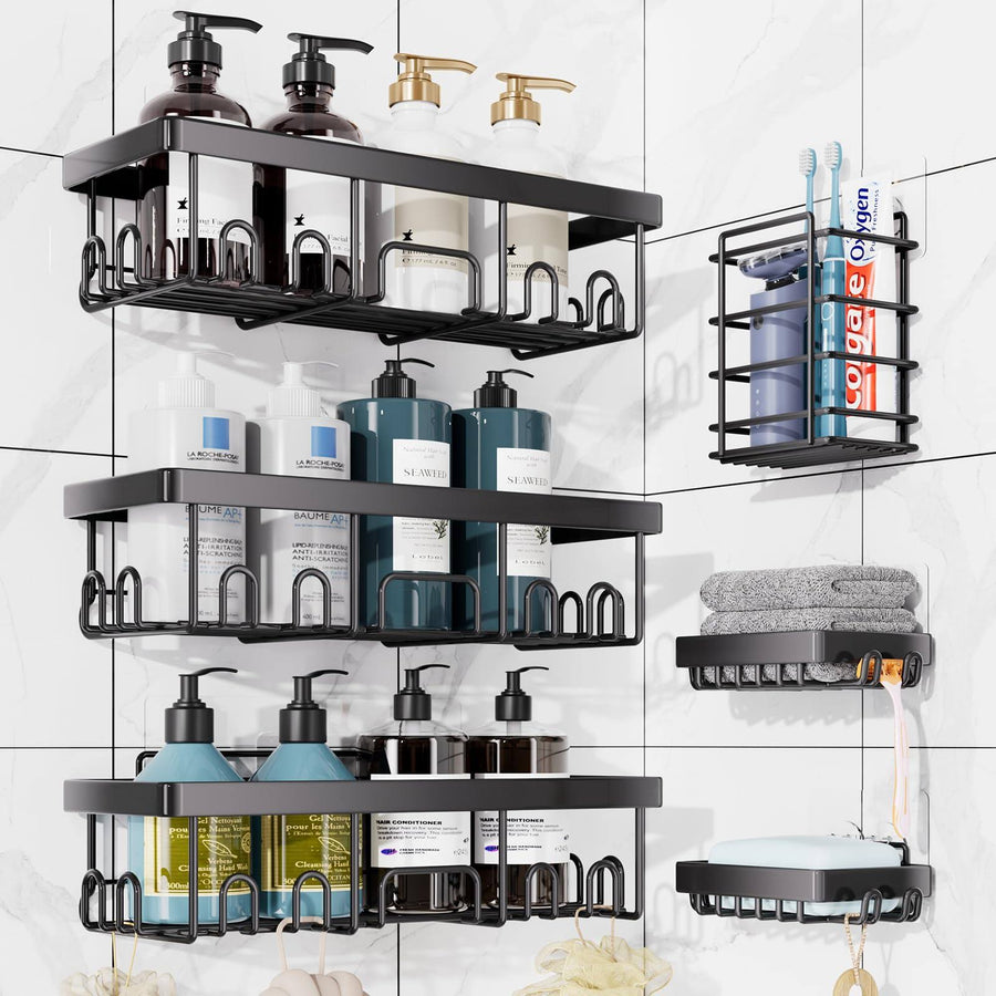 Veken Shower Caddy 6 Pack,Adhesive Bathroom Shower Organizer for Bathroom Storage&Home Decor&Kitchen,No Drilling,Large Capacity, Rustproof St