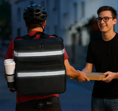 Large Insulated Food Delivery Bag, Expandable Cooler Backpack for Doordash Uber Eats, Reflective Strip Cup Holders, Reusable Pizza Carrier with Hand Straps, Bike Motorcycle Use